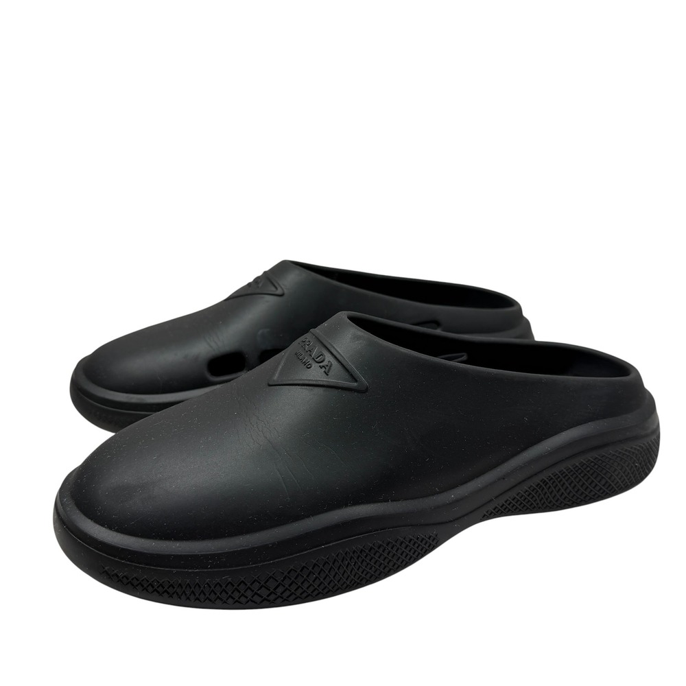Prada Foam Rubber Mules Black Logo Slip On Clogs Made in Italy Size 40 Unisex